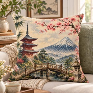 Japanese Mount Fuji Pillow | Cherry Blossom Pagoda and Bridge | Vintage Japan Faux Suede Cushion | Japanese Home Decor