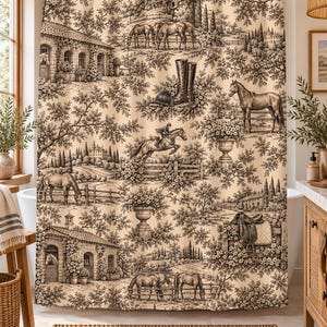 Vintage Equestrian Shower Curtain | Horse Toile Bathroom Decor | English Country Farmhouse Curtain | Antique Riding Design