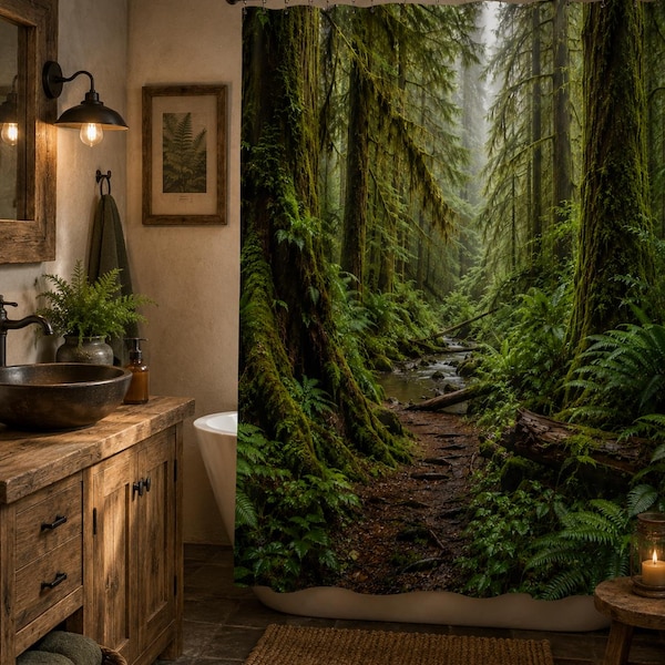 West Coast Rainforest Shower Curtain | Rustic Forest Bathroom Decor | Pacific Northwest Woodland Bath Curtain | Nature Spa Bathroom