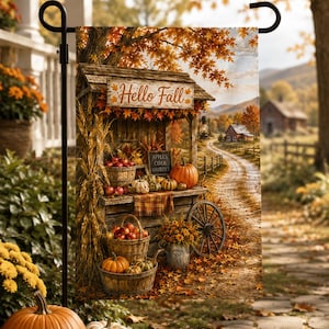 Drapeau de jardin « Bonjour l'automne » | Décoration automnale rustique avec support à citrouilles | Drapeau de jardin style ferme | Décoration extérieure champêtre « Récolte »