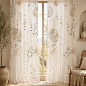 Himmlischer Boho-Gardinenpaneel | Botanischer Mondphasen-Fenstervorhang | Neutrale Boho-Dekoration | Einzelpaneel