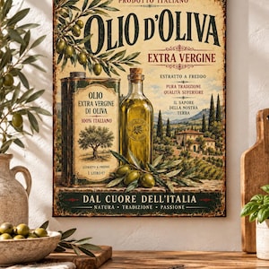 Vintage Italiaanse olijfolie canvasprint | Toscaanse keuken muurdecoratie | Oude Italiaanse decoratie | Mediterrane voedselkunst
