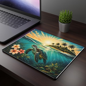 Muismat tropische zeeschildpad, bureaumat oceaan zonsondergang, paradijselijk eiland muismat, tropisch kantoordecor, cadeau zeeschildpad