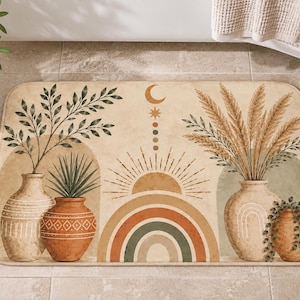 Tappetino da bagno Boho / Decorazioni per il bagno nel deserto del sud-ovest / Tappetino da bagno botanico in terracotta e salvia / Tappeto con sole, luna e arcobaleno celestiali / Decorazioni per la casa dai toni naturali