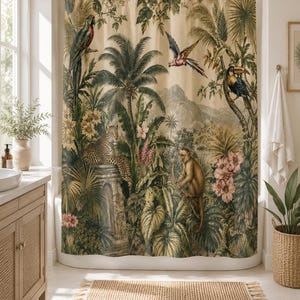 May include: A shower curtain featuring a detailed jungle scene with a leopard resting on a stone pillar, a monkey climbing a tree, a toucan, and two parrots. The background displays lush tropical foliage, palm trees, and distant mountains.