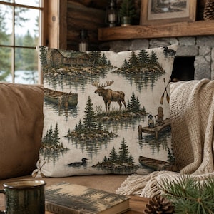 Moose Lake Cabin Pillow | Rustic Lodge Throw Pillow | Faux Linen Wildlife Pillow | Canoe Loon Woodland Decor | Cabin Lake House Decor