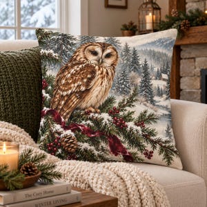 Winter Owl Faux Suede Pillow Cover | Woodland Christmas Decor | Rustic Cabin Throw Pillow | Snowy Forest Bird Cushion Cover