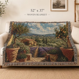 Manta tejida con paisaje toscano / Campo italiano, campos de lavanda, olivos y limoneros / Decoración acogedora de estilo rústico