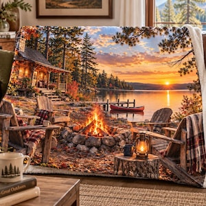 Lake Cabin Sherpa Blanket | Cozy Campfire Throw | Rustic Lake House Decor | Golden Hour Cabin Blanket | Peaceful Nature Gift