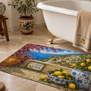 Mediterranean Coastal Bath Mat | Amalfi Coast Lemon Bathroom Rug | Italian Positano Decor | La Dolce Vita Bath Rug | Matching Shower Curtain