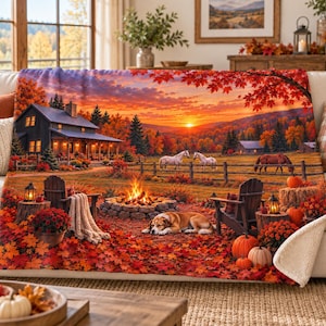 Autumn Ranch Sherpa Blanket | Horses and Farm Dog | Rustic Cabin Fall Decor | Cozy Country Western Throw | Thanksgiving Gift