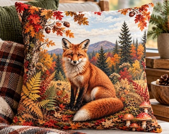 Kissen mit Rotfuchs im Herbstwald – Kunstleinen-Dekokissen | Waldfuchs-Motiv | Landhaus-Deko | Inklusive Kissenfüllung