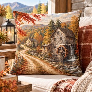Housse de coussin « Vieux moulin d'automne » | Paysage d'automne rustique avec moulin à eau | Coussin décoratif « Chemin de campagne » | Décoration chalet/ferme | Sans garniture
