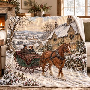 Vintage Christmas Sleigh Blanket | English Country Winter Throw | Horse and Cottage Velveteen Blanket | Old World Holiday Decor