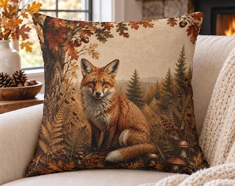 Red Fox in Autumn Forest Faux Linen Pillow | Woodland Fox Decorative Pillow | Country Cottage Fal Decor | Insert Included