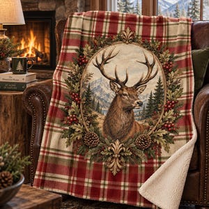 May include: A red, green, and cream plaid throw blanket featuring a central oval medallion with a deer, pine trees, and mountains. The design is framed by a wreath of pine needles, red berries, and pinecones. The reverse side is white sherpa.