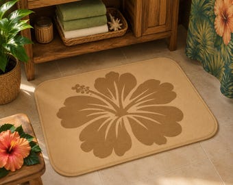 Vintage-Badematte mit hawaiianischem Hibiskusmuster | Tropische Badezimmerdekoration | Neutraler, beigefarbener Teppich mit Blumenmuster | Badematte im Küstenstil der Aloha-Inseln