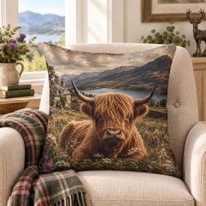 Highland Cow Pillow Faux Linen | Scottish Highland Cattle Scenic Throw Pillow