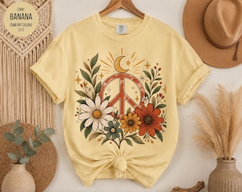 Hippie Boho Vredesteken T-shirt | Retro Bloemenprint T-shirt | Jaren 70 Boho Shirt | Comfort Colors Banaan T-shirt | Groovy Bloemen Shirt