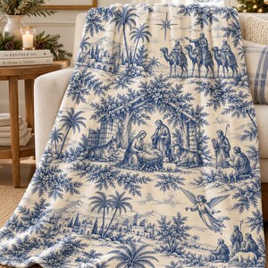 Nativity Toile Christmas Blanket | Blue French Country Christian Throw | Bethlehem Manger Velveteen Microfibre Blanket
