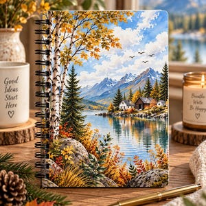 Nature Landscape Spiral Notebook | Nordic Mountain Journal | Neutral Nature Notebook | Cottage Lake Stationery |  Rustic Lake Cabin Journal