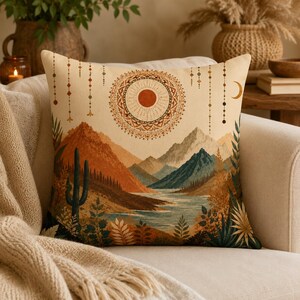 Boho-Wüsten-Dekokissen mit Füllung | Kissen mit Südwest-Sonne- und Mondmotiv | Berglandschaft-Dekor | Kissen aus Polyester