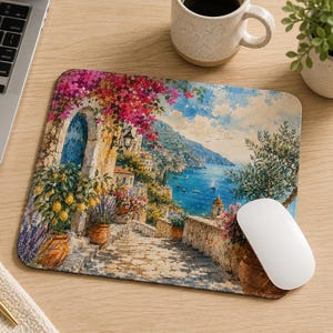 Amalfi Coast Mouse Pad, Mediterranean Desk Mat, Italian Coastal Office Decor, Lemon and Bougainvillea  Mousepad