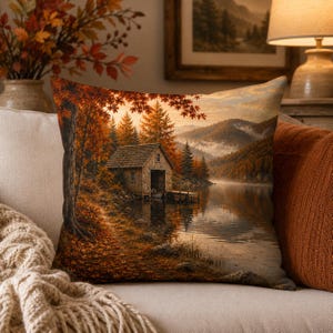 Peut inclure: Un coussin carré décoratif arborant une scène paysagère imprimée représentant une cabane en bois au bord d'un lac calme en automne. L'image montre un feuillage orange et brun, des conifères, des montagnes brumeuses et un petit ponton.
