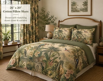 Funda de almohada vintage de algodón con estampado de selva tropical / Ropa de cama con estampado botánico de leopardo, mono y loro / Decoración de lujo para dormitorio inspirada en la naturaleza / Solo funda de almohada individual