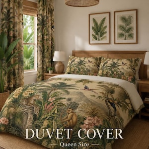 May include: A queen size duvet cover featuring a beige background with a detailed jungle print including a leopard, a monkey, tropical birds, palm trees, and flowers. The text DUVET COVER Queen Size is printed in white on the lower portion.
