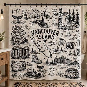 Duschdraperi från Vancouver Island | Badrumsdekoration på västkusten | Svartvitt baddraperi från kusten | Resekarta över Tofino, Ucluelet, Victoria, gåva