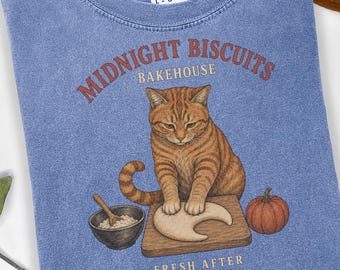 Maglietta arancione con gatto per Halloween, maglietta Comfort Colors Midnight Biscuits Bakery, regalo vintage con gatto tigrato per appassionati di pasticceria