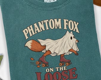 Maglietta con volpe di Halloween, grafica vintage di un fantasma sui pattini a rotelle, Comfort Colors 1717