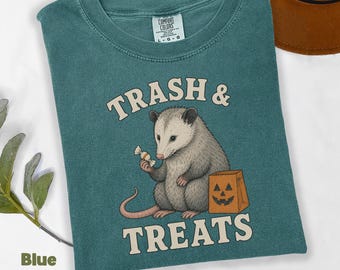 Maglietta di Halloween con opossum, maglietta grafica "Trash & Treats", colori vintage confortevoli 1717