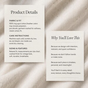 May include: Two white cards with black text on a neutral background. The left card reads "Product Details" and lists fabric, care, and sizing information. The right card says "Why You'll Love This" and lists reasons for the product's appeal.