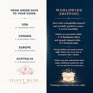 May include: A navy blue graphic with text detailing shipping times to the USA, Canada, Europe, and Australia. The text also mentions worldwide shipping, order processing, and tracking information. The brand name "SILENT MUSE" is at the bottom.
