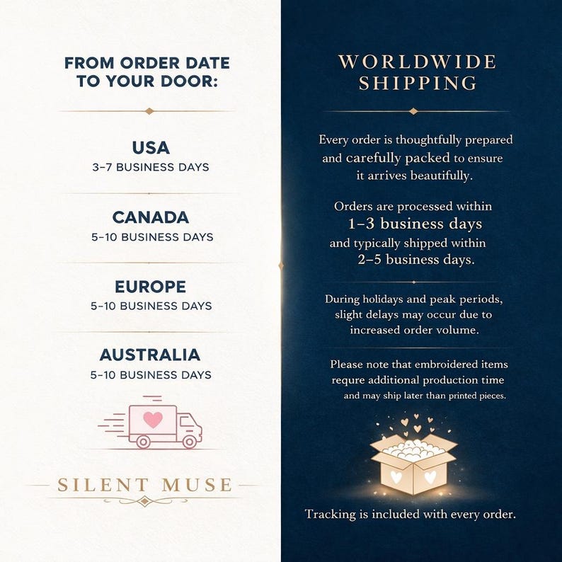 May include: A navy blue graphic with text detailing shipping times to the USA, Canada, Europe, and Australia. The text also mentions worldwide shipping, order processing, and tracking information. The brand name "SILENT MUSE" is at the bottom.