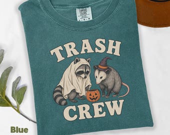 Maglietta di Halloween con procioni e opossum, Trash Crew, Comfort Colors 1717, maglietta vintage con animali spettrali