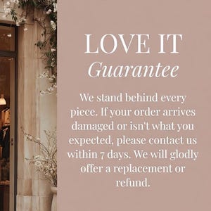 May include: A soft pink background with the words "LOVE IT Guarantee" in a serif font. The text below states the company's guarantee of quality and offers replacements or refunds. The brand name "SILENT MUSE" is at the bottom.