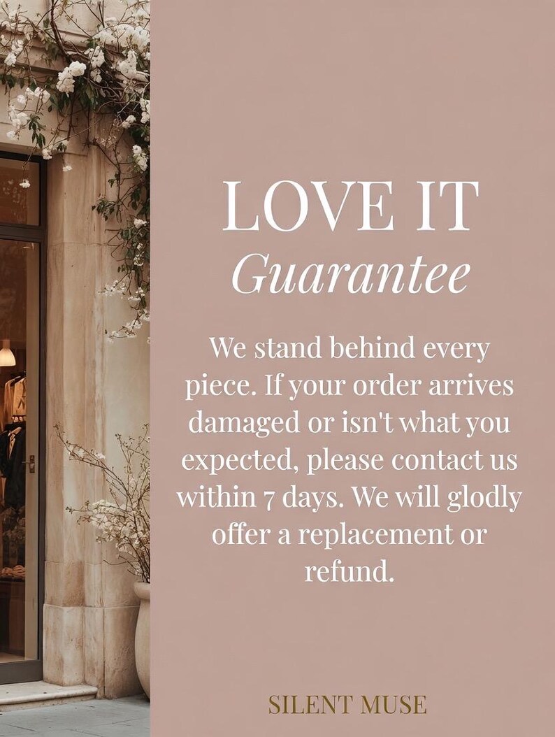 May include: A soft pink background with the words "LOVE IT Guarantee" in a serif font. The text below states the company's guarantee of quality and offers replacements or refunds. The brand name "SILENT MUSE" is at the bottom.