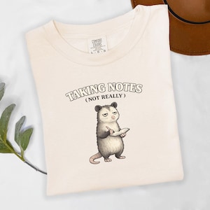 T-shirt « Professeur opossum qui prend des notes », T-shirt humoristique « Réunions du personnel : couleurs confortables »