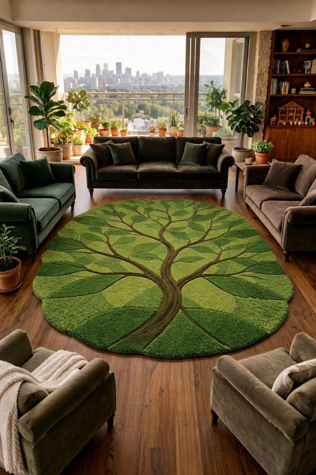Tree Designed Rugs Green Tree of Life Round Rug, Botanical Leaf Carpet, Organic Eco Living ...