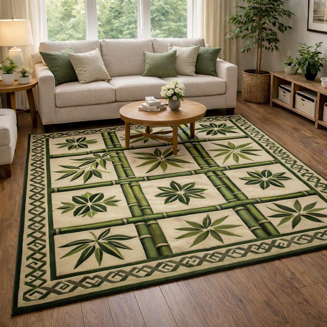 Green Bamboo Leaf Pattern Living Room Area Rug - Etsy