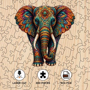 Puede incluir: Un rompecabezas de madera con un elefante colorido de patrones intrincados. El rompecabezas consta de 300 piezas cortadas con láser. El diseño incluye iconos de corte láser, 300 piezas y archivo SVG, con el texto SVG claramente visible.