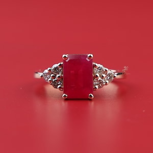 2ct Emerald Cut Lab Grown Ruby Ring | Red Gemstone Engagement Ring |Vintage Cluster Setting | Ethical |  Bridal Ring
