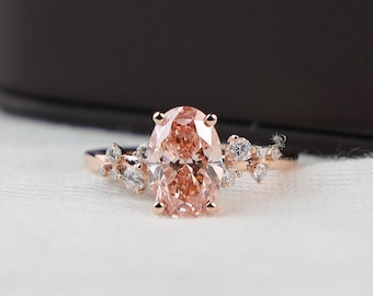 2ct Fancy Pink Oval Cut Lab Grown Diamond Ring | Marquise Accent Side Stones | Bridal Jewelry