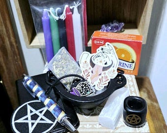 Witchcraft Treasure Kit with Mini Cauldron, Crystals, Herbs, Keychain, Stickers
