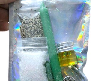 Kit per intenzioni di stregoneria con candela affusolata, erbe, sale, olio, incenso, cristallo