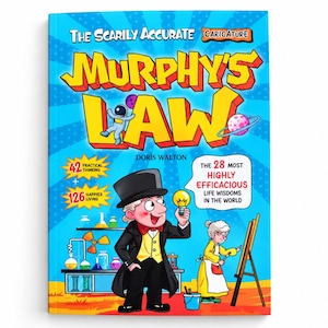 May include: A book cover titled The Scarily Accurate Caricature Murphy's Law by Doris Walton. The blue cover features a cartoon man in a top hat holding a lightbulb, a woman painting at an easel, and scientific laboratory equipment.