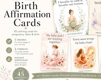 Tarjetas imprimibles de afirmaciones para el parto, 45 tarjetas para el parto con hipnosis (descarga instantánea)